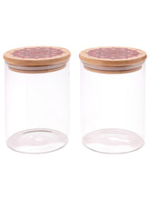 Urbane Home Borosilicate Glass Jar with Printed Bamboo Lid|Kitchen Organizer Items and Storage|Multi-utility, Leakproof, Airtight Storage Jar for Cookies,Snacks,Tea,Coffee,Sugar|Pack of 2(600ml)